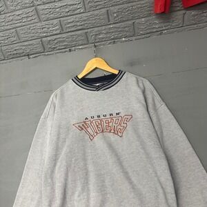 Red Oak Auburn Tigers Sweatshirt Gray Navy Striped Crew Neck Large Vintage Style